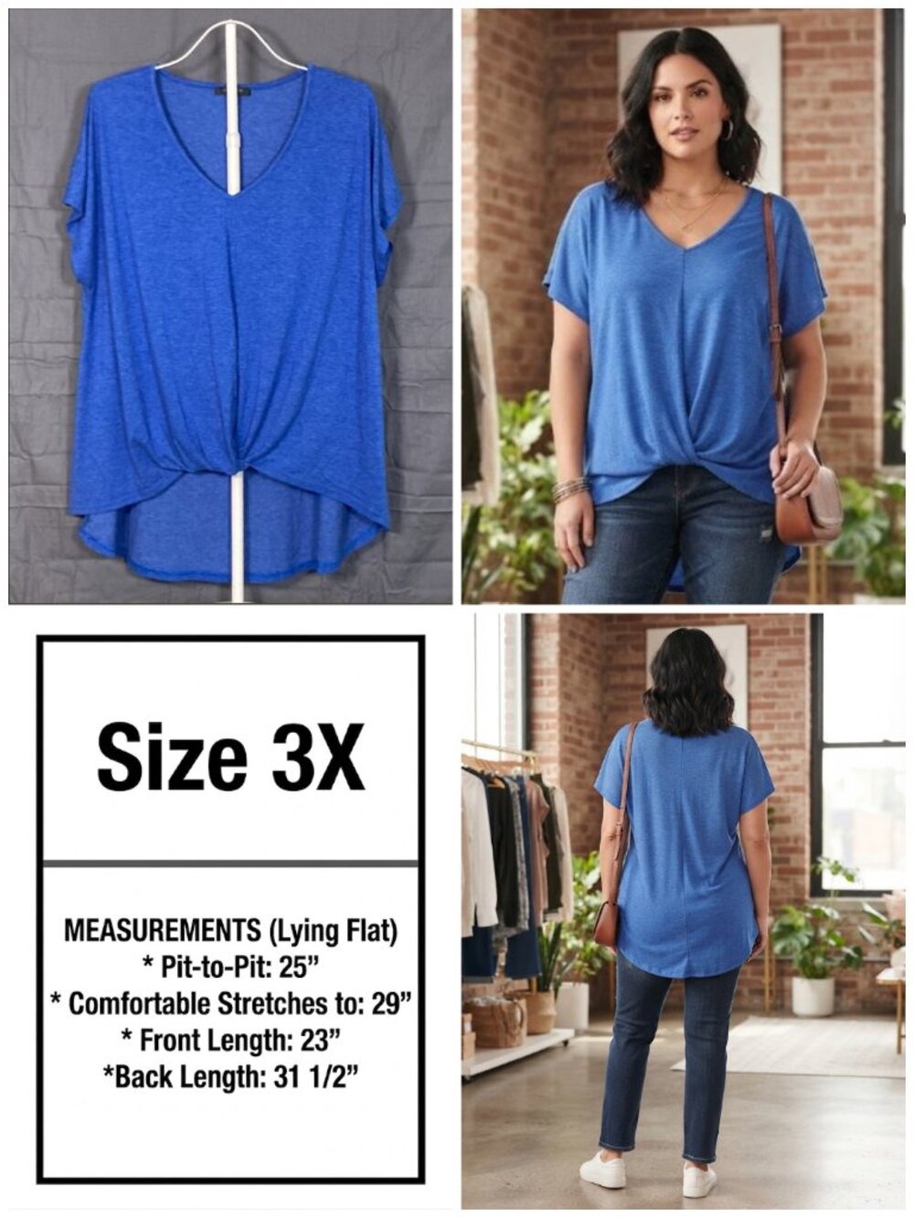 Size 3X LoveU.Dear Heatherd Blue Twist Front V-Neck Dip Hem High Low Tunic Top